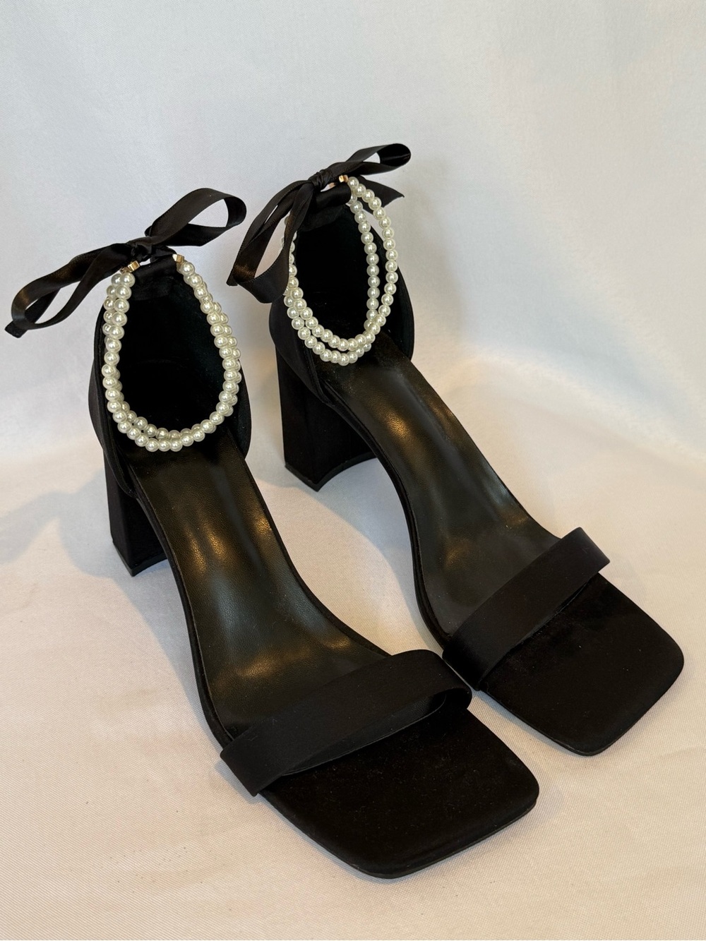 Black Silky Block Heel Sandals with Pearl Ankle Staps